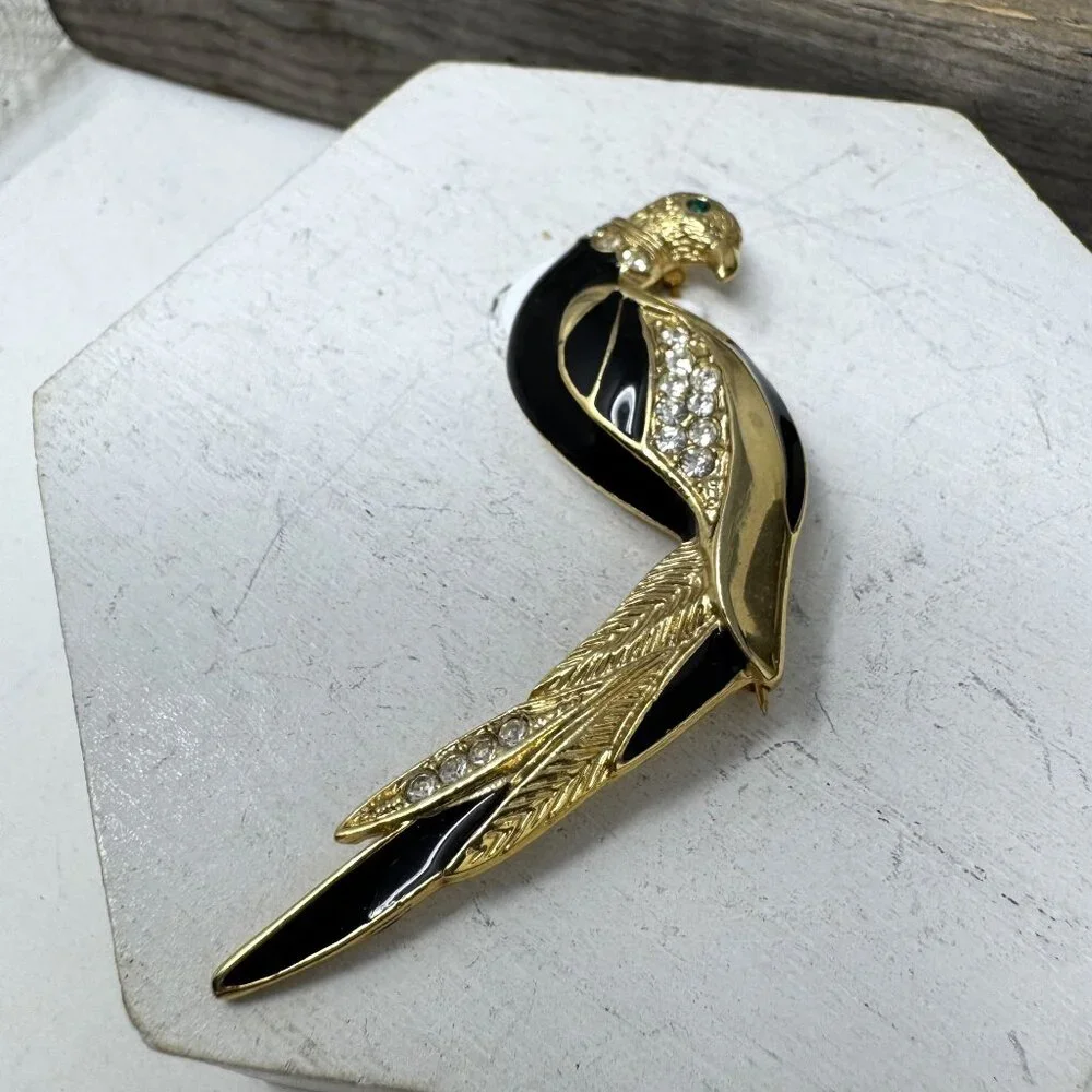 Vintage Gold-Tone Enamel & Rhinestone Parrot Brooch With Emerald Eye